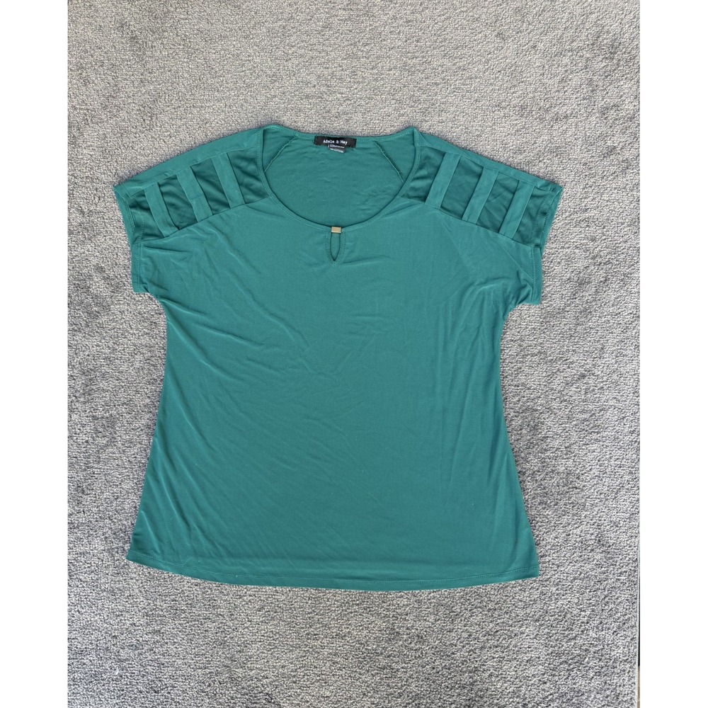 Adele & May Teal Green Keyhole Top XL Ladder Cutout Shoulder Short Sleeve Blouse